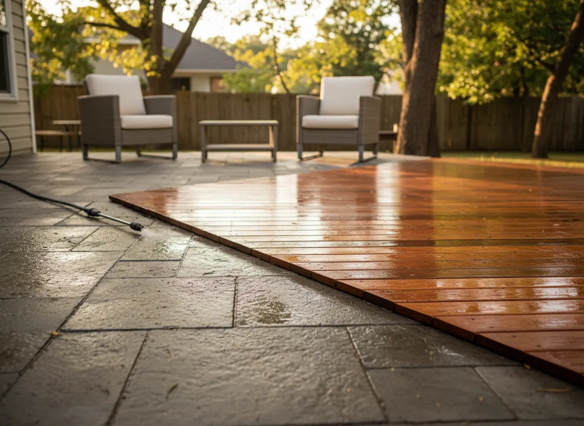 Clean deck and patio after pressure washing